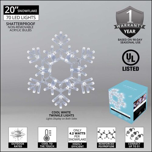 20" Folding Snowflake, Cool White Twinkle Lights
