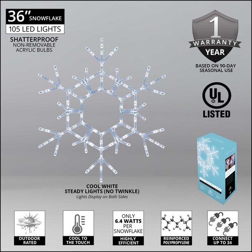 36" LED Folding Snowflake, Cool White Lights