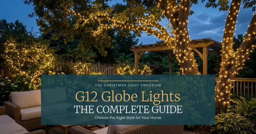 Title image of a suburban home at twilight with round G12 globe LED Christmas lights. Image text reads: G12 Globe Lights / The Complete Buyers Guide / Colors, sizes, and year-round uses