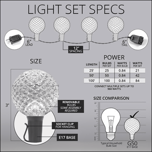 G50 Cool White LED Patio Light Set, 25 bulbs, 12" Spacing, Black Wire Patio Lighting Wintergreen Corporation