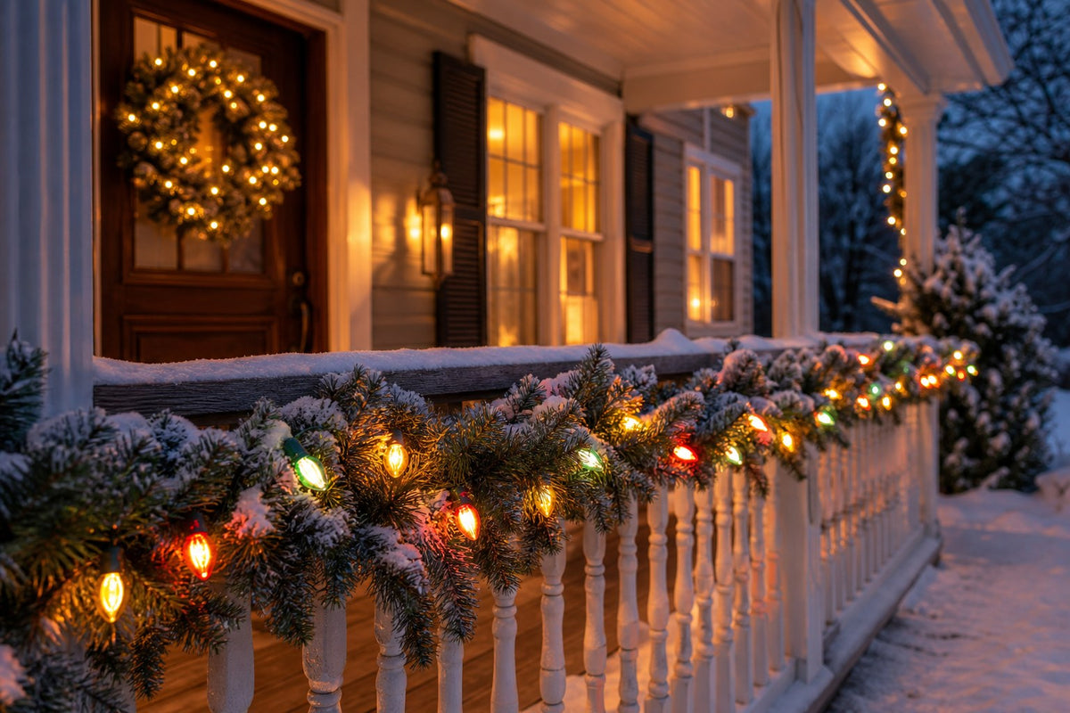 Front porch railing wrapped in garland with warm multicolor C7 style Christmas lights at dusk, lit wreath on the door