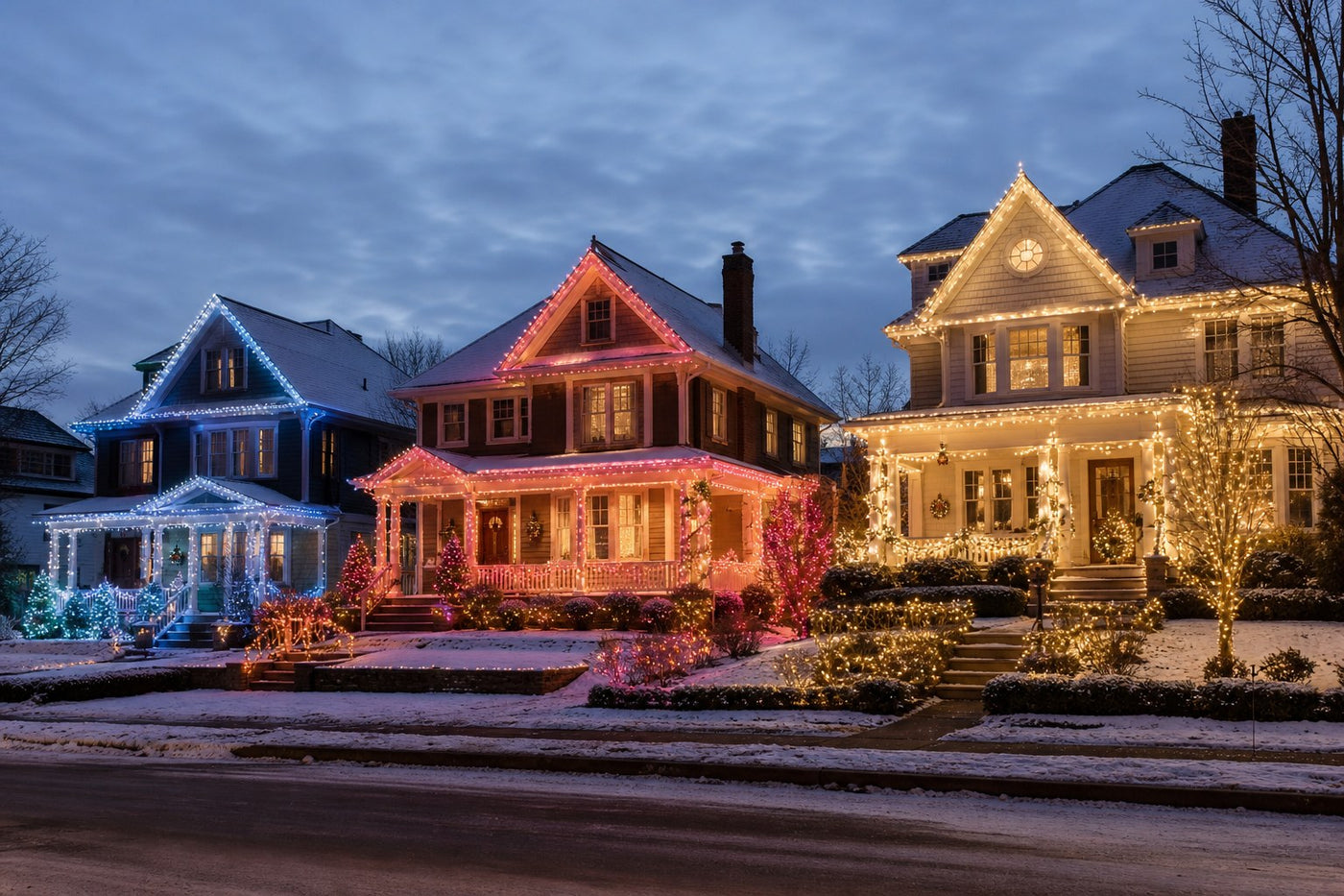 Neighborhood street at dusk with three houses each decorated in a different curated Christmas light color palette