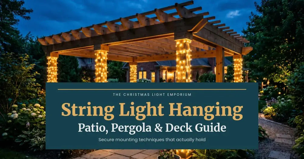 Title image of a wooden pergola with warm white LED lights wrapped around posts at twilight. Image text reads: Patio Light Guide / Pergolas, Decks & Backyards / Pro techniques for clean, lasting outdoor lighting