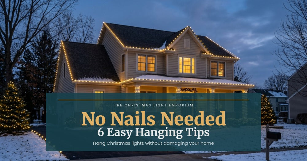Title image of a home at twilight with Christmas lights hung along gutters using clips. Image text reads: No Nails Needed / 6 Easy Hanging Tips / Hang Christmas lights without damaging your home