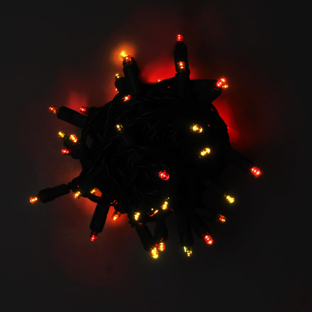 Bundled 50-light ColorCraft® Harvest 5mm LED string lit in red, orange, and gold against a dark background