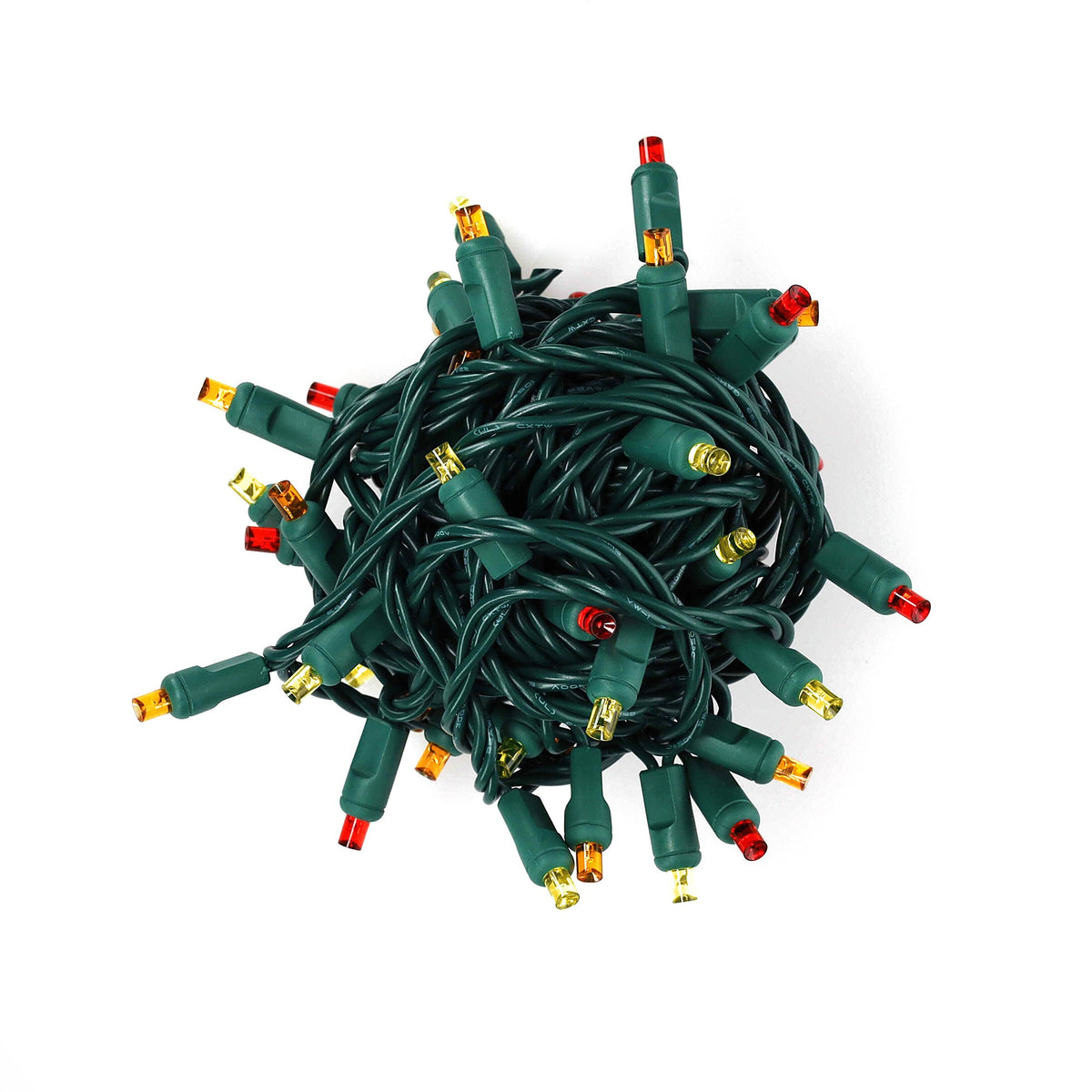 Bundled 50-light ColorCraft® Harvest 5mm LED string, unlit, showing red, orange, and gold lenses on green wire