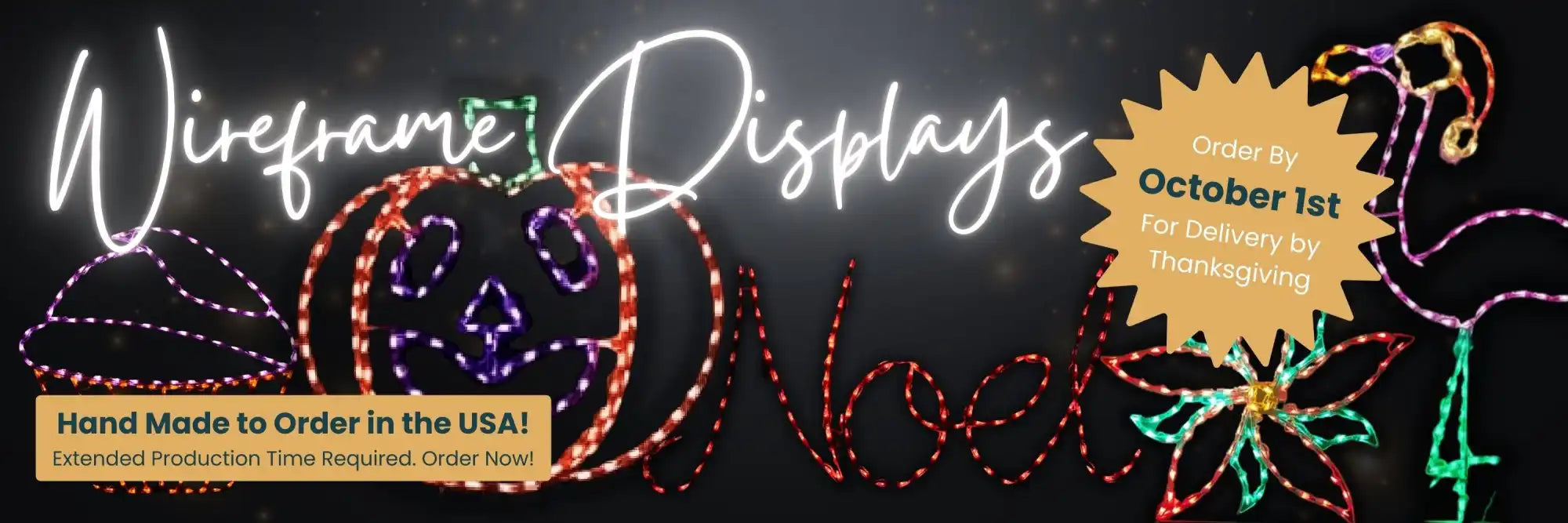 Holiday-themed wireframe displays with lights.
