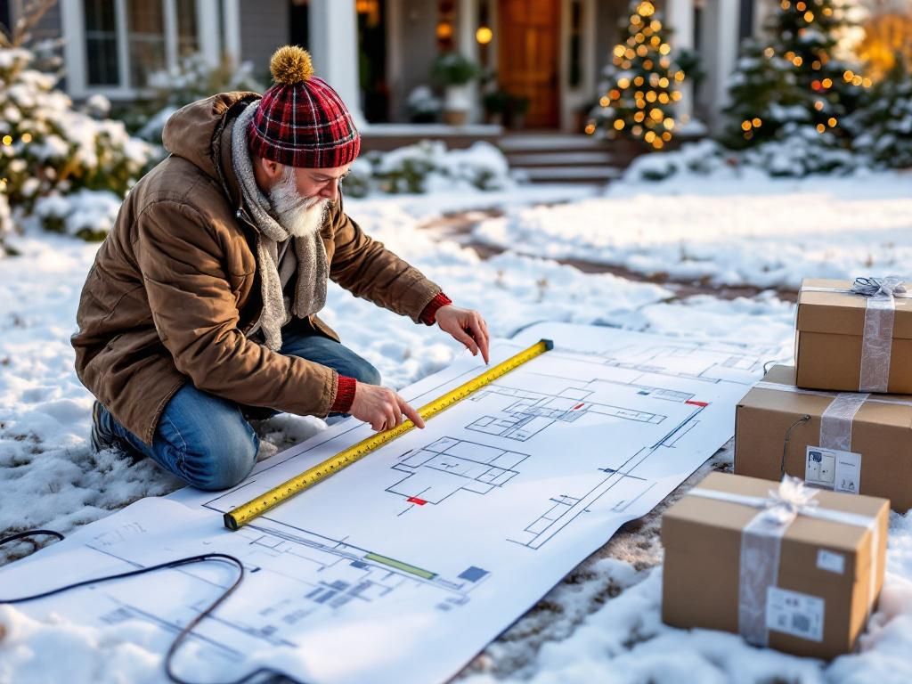 Homeowner planning outdoor Christmas decoration layout