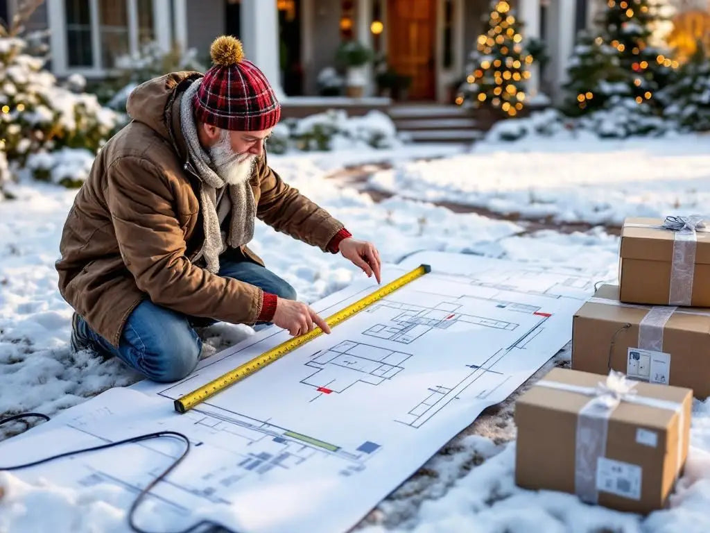 Homeowner planning outdoor Christmas decoration layout