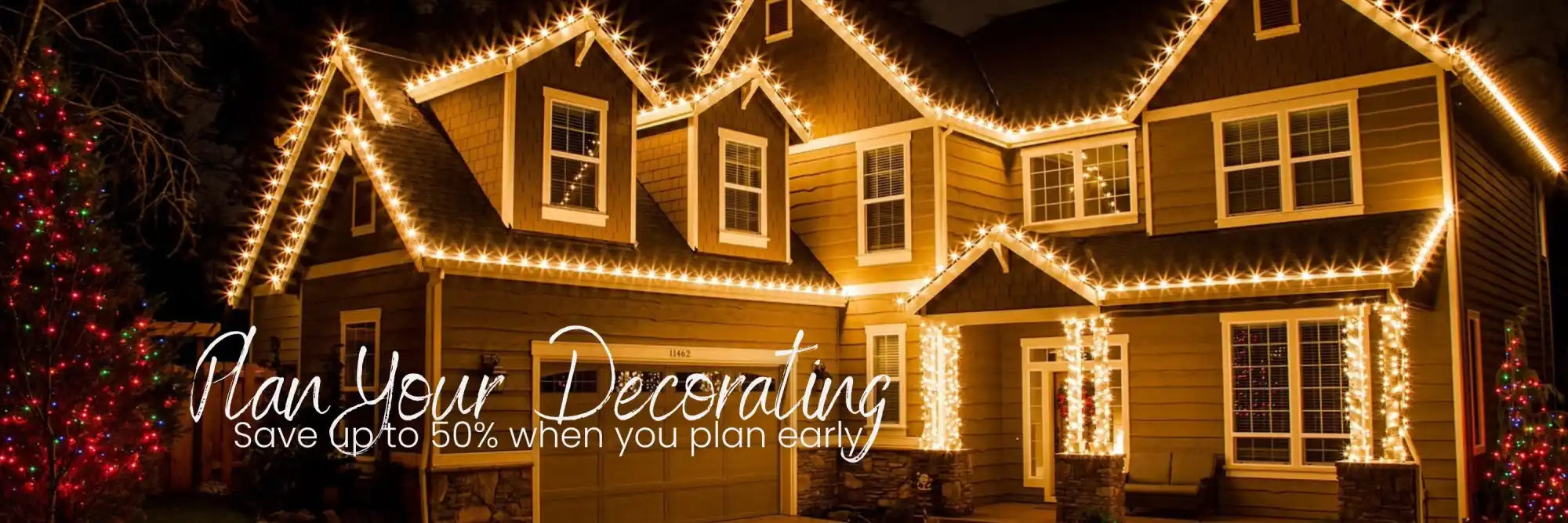 House decorated with festive outdoor string lights.