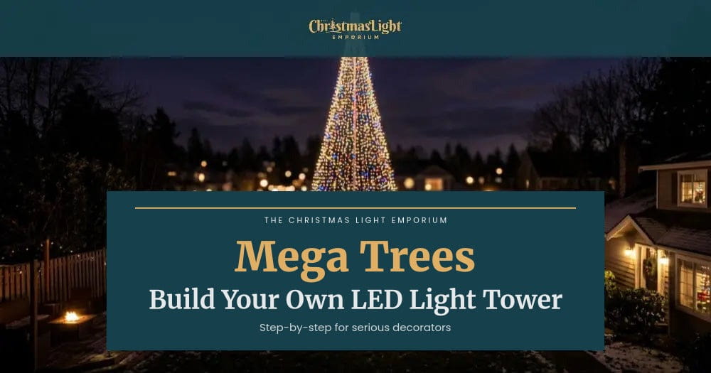 Title image of a glowing outdoor Christmas mega tree cone shape covered in colorful LED string lights at night. Image text reads: Mega Tree Magic / Building With LED Lights / Step-by-Step Guide to a Stunning Display