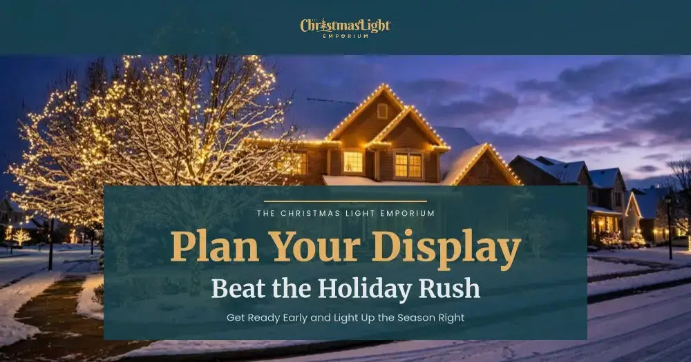 Title image of a home decorated with Christmas lights at night. Branded overlay from The Christmas Light Emporium reads: How to Plan Your Christmas Light Display Before the Holiday Rush