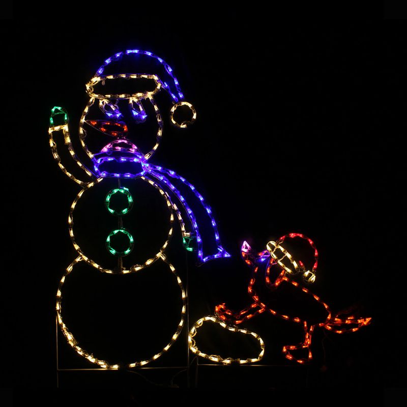 Animated Dog Pulling Snowman By Scarf, Lighted Outdoor Christmas Display - Wireframes Displays and Yard Art