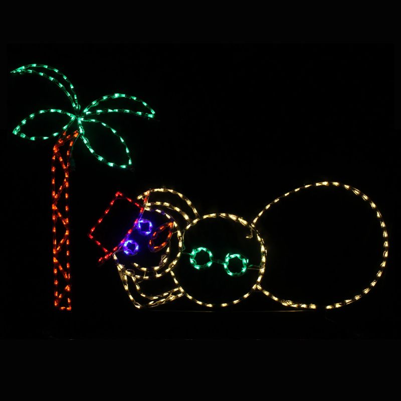 Snowman Relaxing Under Palm Tree, Lighted Outdoor Christmas Display - Wireframes Displays and Yard Art