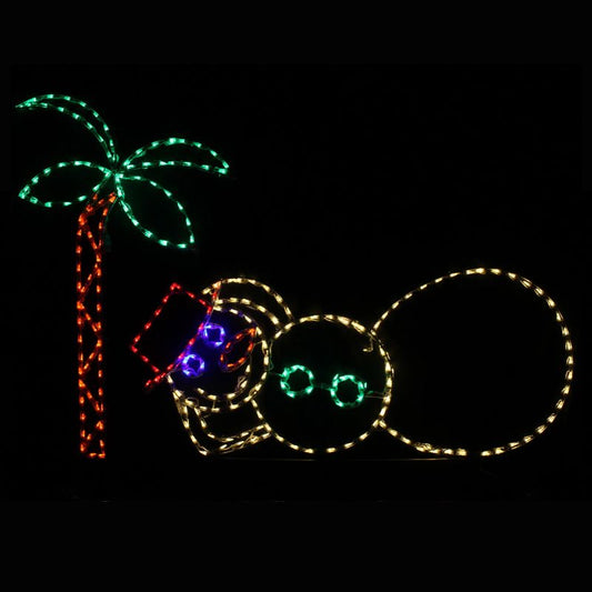 Snowman Relaxing Under Palm Tree, Lighted Outdoor Christmas Display - Wireframes Displays and Yard Art