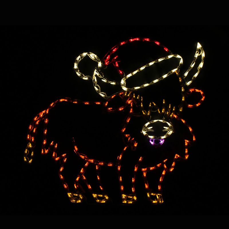 Highland Cow with Santa Hat, Lighted Outdoor Christmas Display - Wireframes Displays and Yard Art