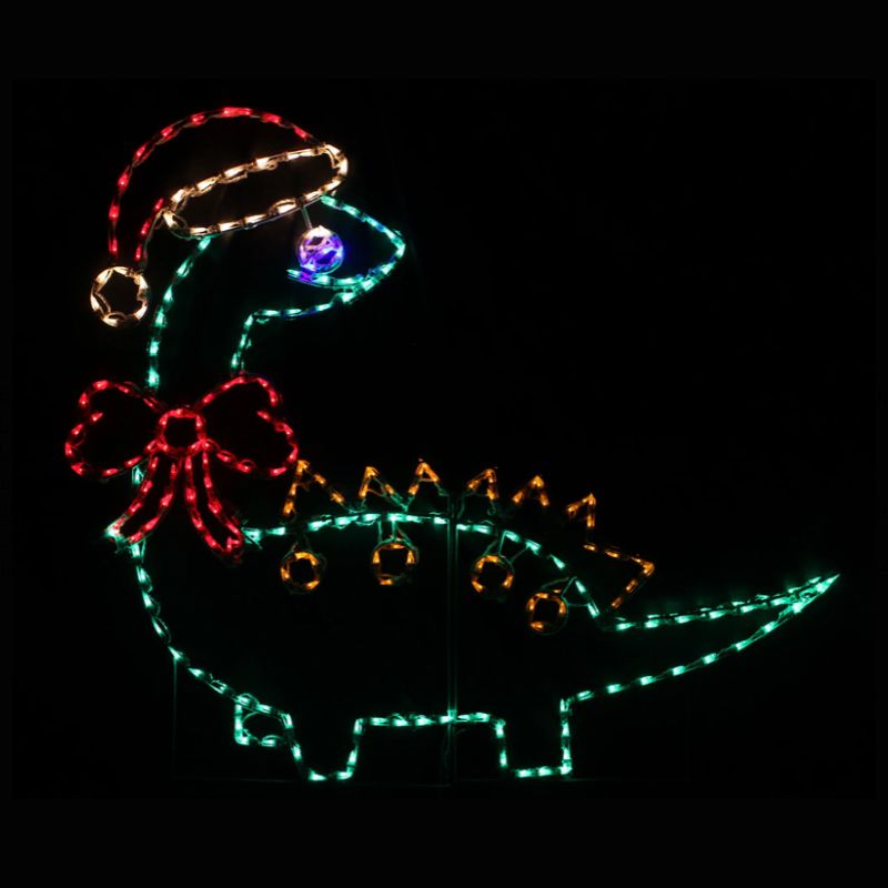 Dinosaur with Santa Hat, Lighted Outdoor Christmas Display - Wireframes Displays and Yard Art