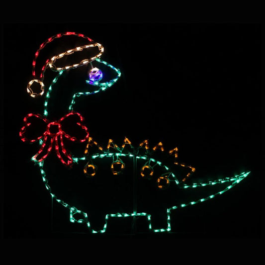 Dinosaur with Santa Hat, Lighted Outdoor Christmas Display - Wireframes Displays and Yard Art