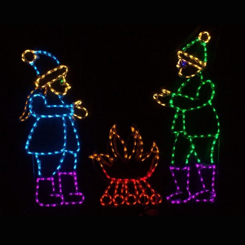 Children Warming Hands on Animated Fire, Lighted Outdoor Christmas Display - Wireframes Displays and Yard Art