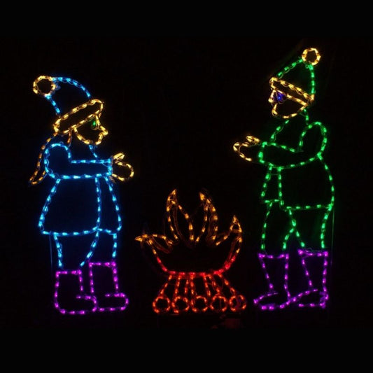 Children Warming Hands on Animated Fire, Lighted Outdoor Christmas Display - Wireframes Displays and Yard Art