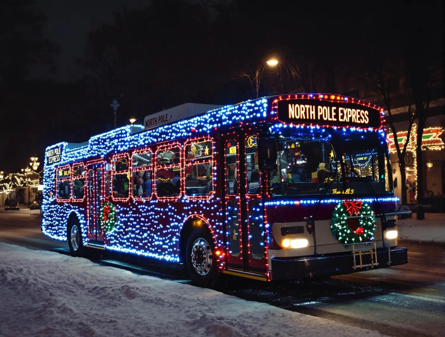 bus with Christmas lights on it