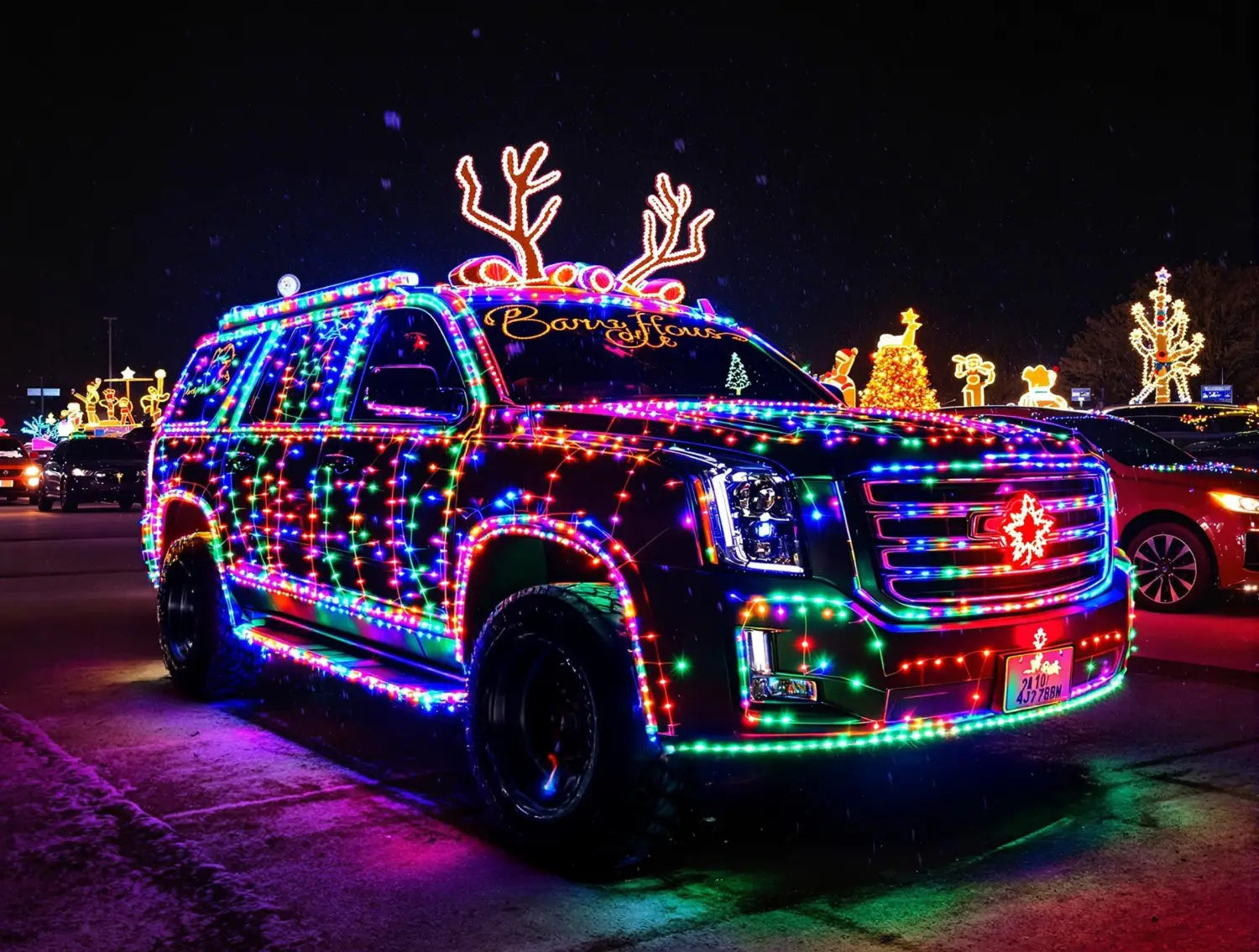 SUV with Christmas lights on it