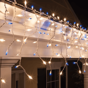 Incandescent Blue and Clear Mini Icicle Lights, 150 Bulbs, 10ft Long, White Wire Christmas Lights Wintergreen Corporation
