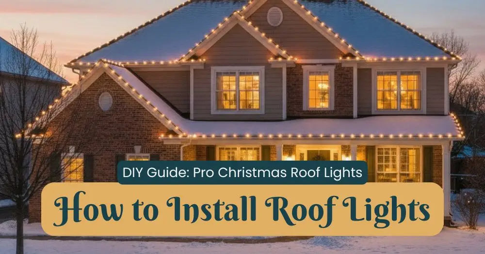 Two-story brick house decorated with warm white LED string lights outlining roofline and gables at twilight.