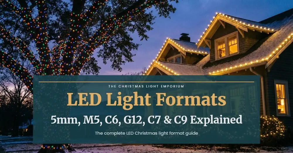 Title image of a classic American home at dusk decorated with multiple styles of LED Christmas lights — mini string lights wrapped on trees, C9 bulbs on the roofline, and string lights on bushes. Image text reads: LED Light Formats / 5mm, M5, C6, G12, C7 & C9 Explained / The complete LED Christmas light format guide