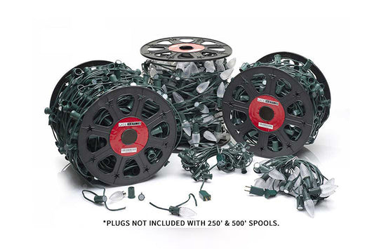 Three Lite-Netics 250-foot magnetic C9 socket spools with green SPT1 wire; plugs not included