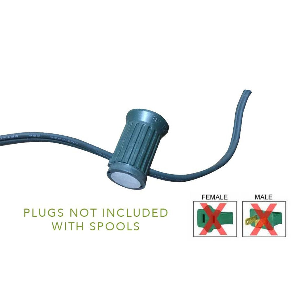 Cut end of Lite-Netics magnetic C9 socket wire showing plugs are not included with spools