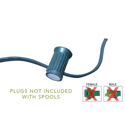 Cut end of Lite-Netics magnetic C9 socket wire showing plugs are not included with spools