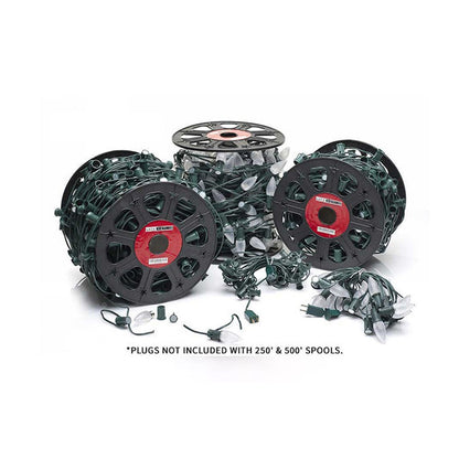 Three Lite-Netics 250-foot magnetic C9 socket spools with green SPT1 wire; plugs not included