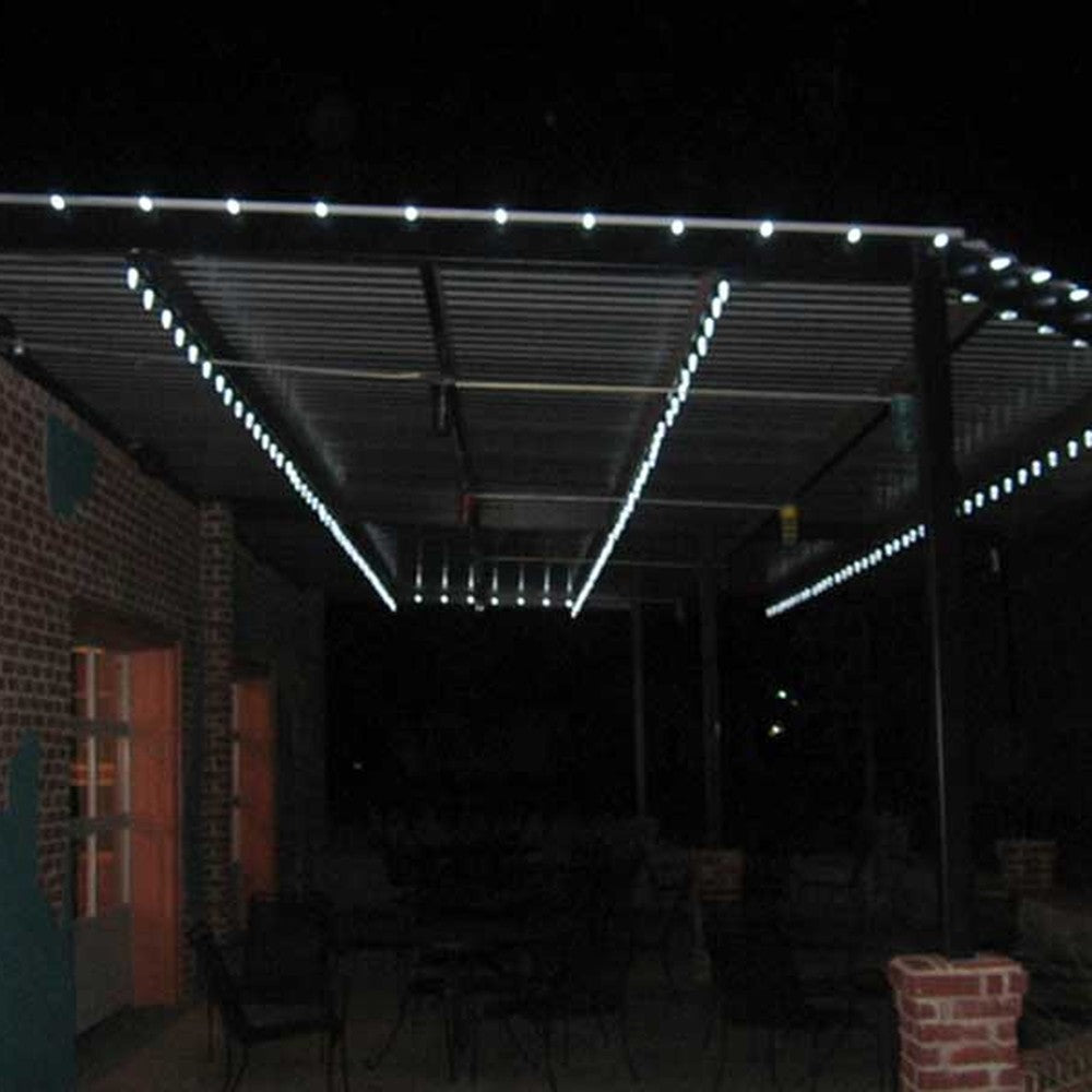 Lite-Netics magnetic C9 lights outlining a metal canopy at night