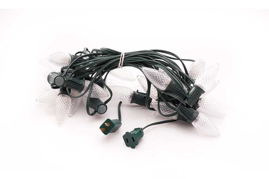 Lite-Netics 25-foot magnetic C9 stringer with green wire, plugs, and bulbs shown for reference