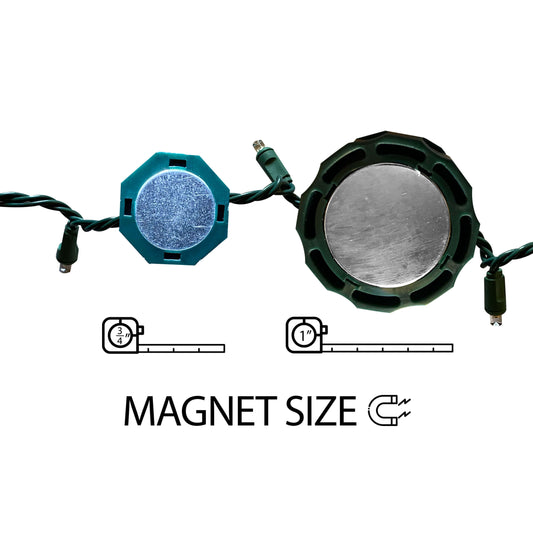 Green Lite-Netics jumbo magnetic wire clamps on wire with magnet size reference