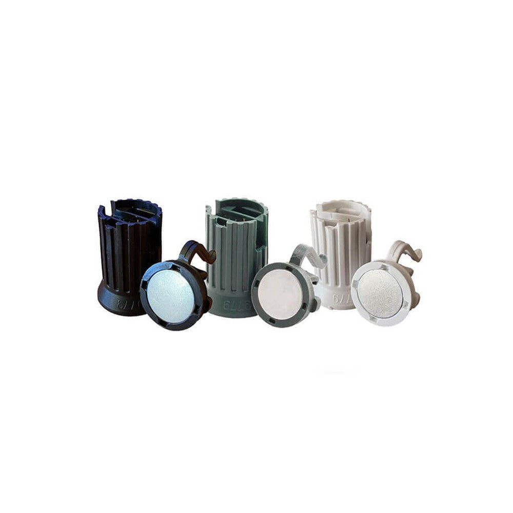 Lite-Netics magnetic C9 replacement sockets in green, black, and white showing the magnet base