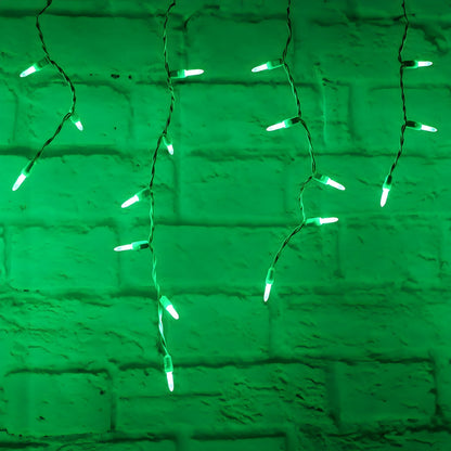M5 Green LED Icicle Lights 70 Bulbs 7.5ft Long White Wire - Christmas Lights