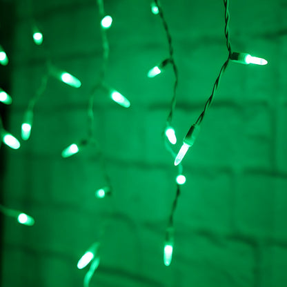 M5 Green LED Icicle Lights 70 Bulbs 7.5ft Long White Wire - Christmas Lights