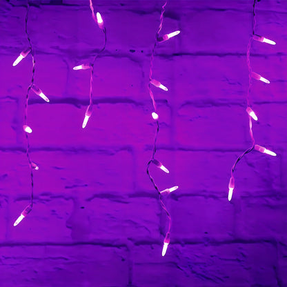 M5 Purple LED Icicle Lights 70 Bulbs 7.5ft Long White Wire - Christmas Lights