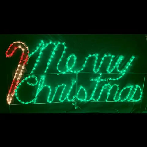 Merry Christmas Cursive With Candy Cane, Lighted Outdoor Christmas Display - Wireframes Displays and Yard Art