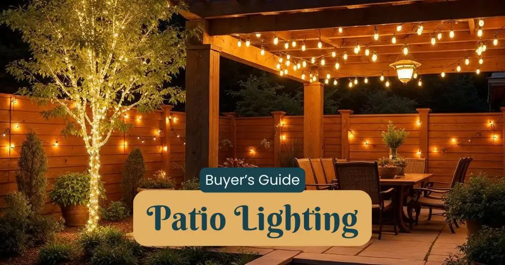 Title image of a backyard patio at twilight with warm white LED lights on railings and landscaping. Image text reads: Patio Lights / Buyer's Guide / Brighten Your Backyard with Style