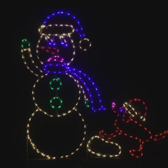 Animated Dog Pulling Snowman By Scarf, Lighted Outdoor Christmas Display - Wireframes Displays and Yard Art