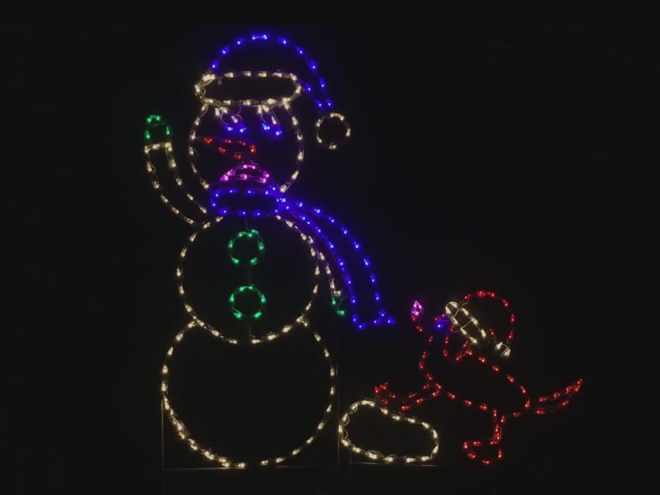 Animated Dog Pulling Snowman By Scarf, Lighted Outdoor Christmas Display - Wireframes Displays and Yard Art