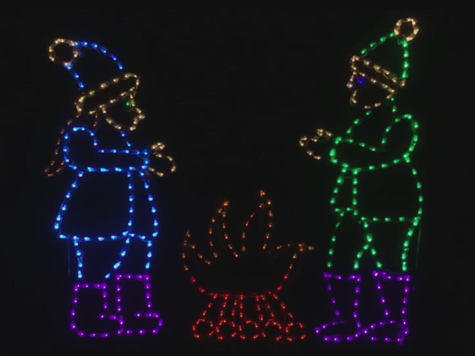 Children Warming Hands on Animated Fire, Lighted Outdoor Christmas Display - Wireframes Displays and Yard Art