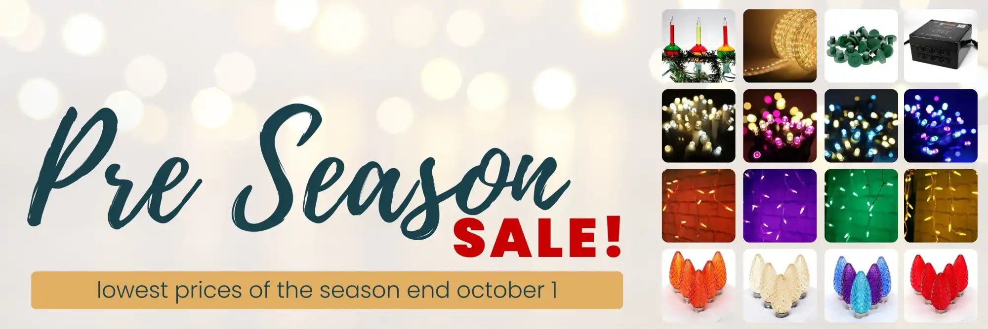 Promotional banner for a pre-season sale on holiday lights and decorations.