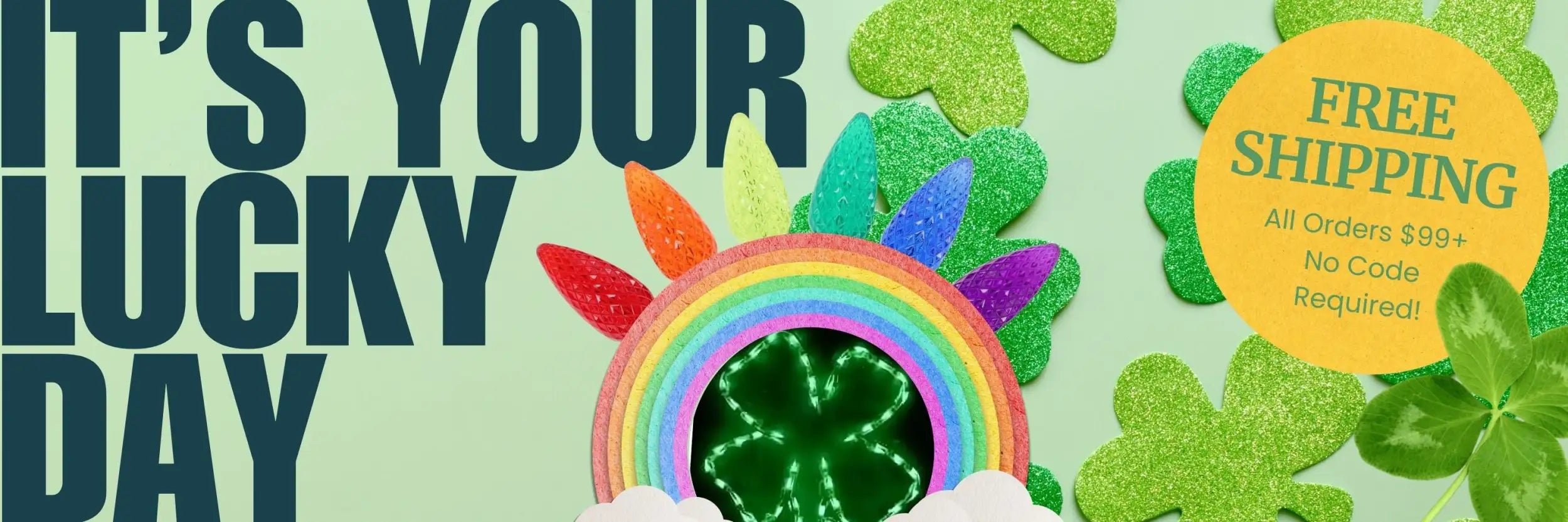 Rainbow-colored glittery hat with a glowing green shamrock at its center.