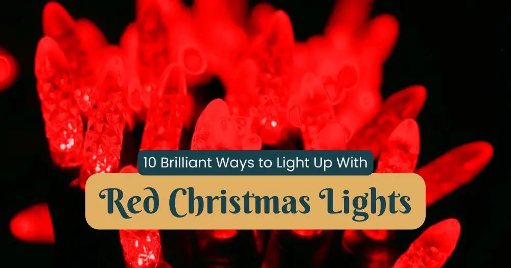 Title image of an elegant home at dusk with vivid red Christmas lights on railings and bushes. Image text reads: Red Christmas / 10 Ways to Light Up in Red / Bold, Brilliant Holiday Decorating Ideas