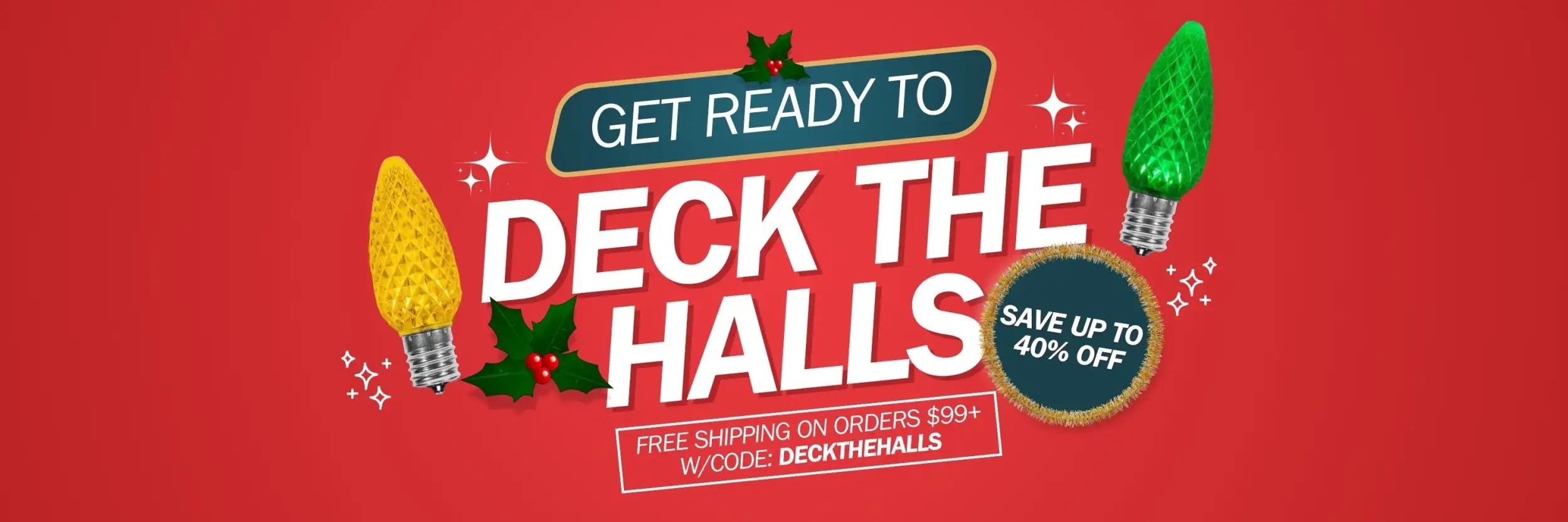 Red holiday-themed banner with green pinecones and yellow lights design.