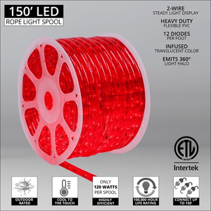 Rope Light, Red, 1/2" LED, 150' Spool Christmas Lights Wintergreen Corporation
